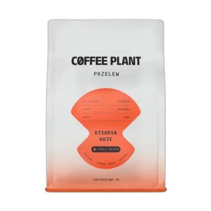 Opakowanie kawy ziarnistej Coffee Plant Etiopia Guji 250 g do przelewu, w biało-pomarańczowym designie, dostępne w sklepie z kawą